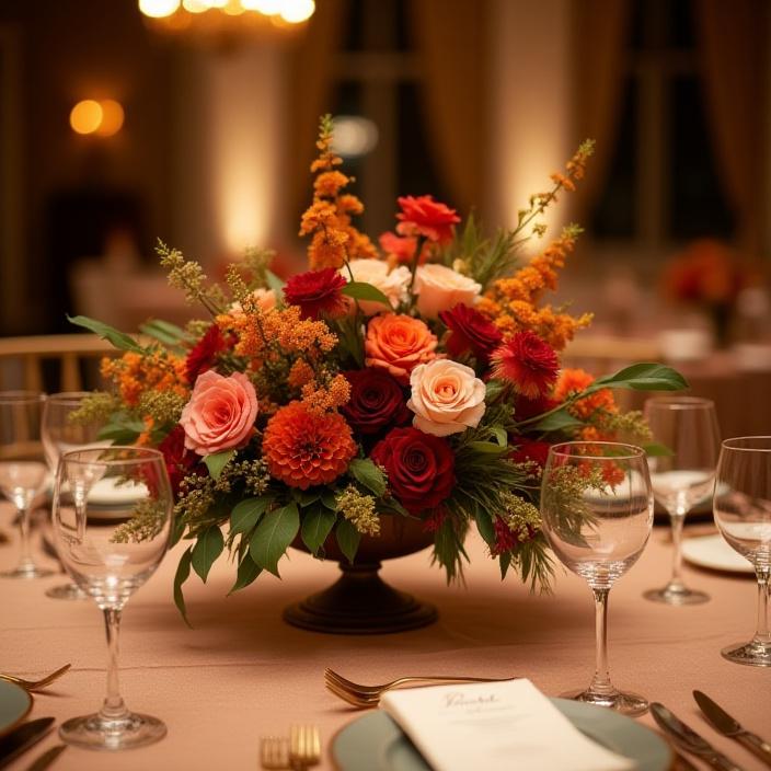 An elegant, bespoke floral centerpiece for a wedding reception.